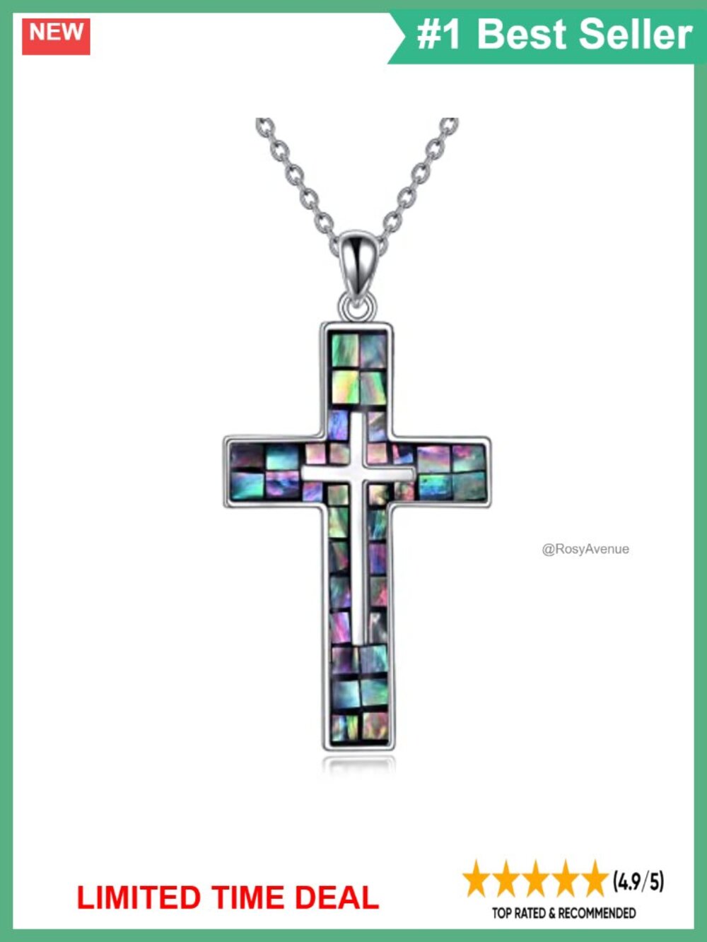 925 Sterling Silver Abalone Cross Necklace Pendant Christian Gift
